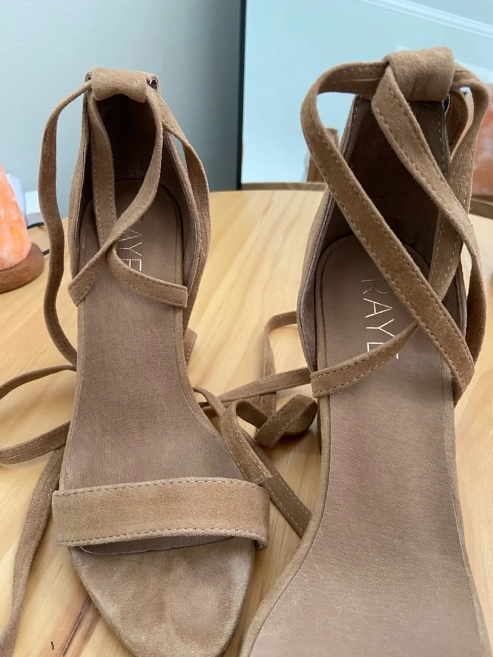 RAYE Tan Suede Wrap-Tie Block Heel Sandals